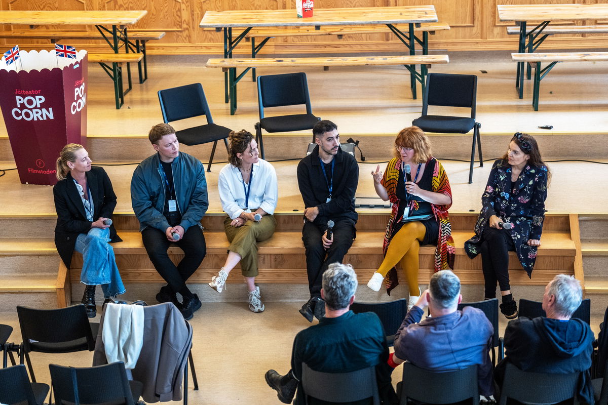 Panel discussion on UK/Nordic co-production with Benedikte Danielsen (Norwegian Film Institute), director/producer Mikko Mäkelä (FIN/UK), producer Gabrielle de Cevins (UK), producer James Watson (UK), producer and moderator Kamilla Hodøl (NOR/UK) and producer Roosa Toivonen (Aurora Studios, FIN). Photo: Grethe Nygaard