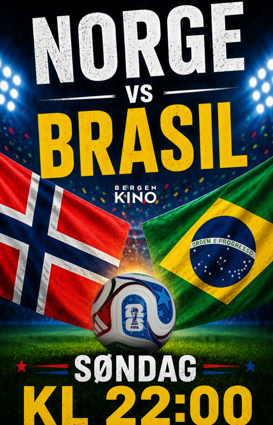 Fotball-VM Åttendedelsfinale NORGE vs. BRASIL tillatt for alle. Dørene åpner 21:00.