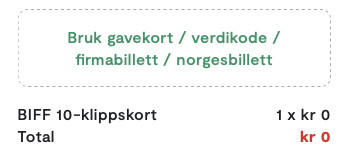 Klikk på den grønne teksten med Bruk gavekort / verdikode / firmabillett / norgesbillett