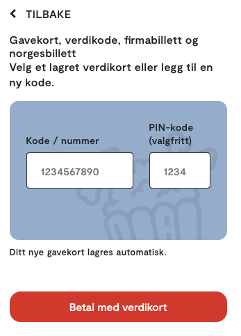 Fyll inn Kode / nummer og klikk Betal med verdikort
